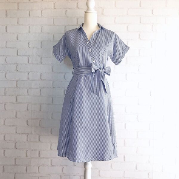 21【海外購入品】ストライプシャツ フレアワンピース 半袖
