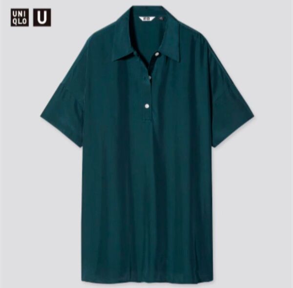 【UNIQLO/ユニクロ】シャイニーレーヨンポロチュニック(半袖)L ダークグリーン