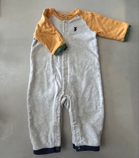 ミキハウス ロンパース カバーオール 綿100 ジャージ 長袖 黄色 ダブルビー 70 グレー 男の子