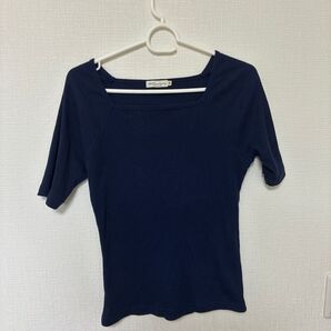 earth music&ecology スクエアネック五分袖Tシャツ ネイビー M
