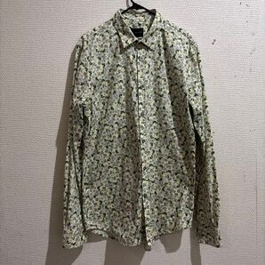 SISLEY総柄シャツ 綿100%グリーン系 長袖メンズM