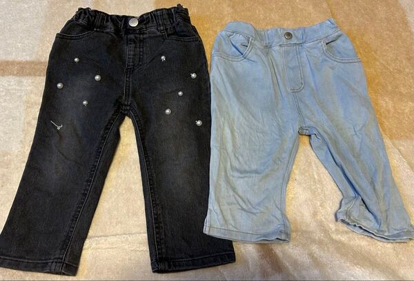 デニムパンツ ジーンズ パンツ プティマイン Petit main 90 パールデニムズボン