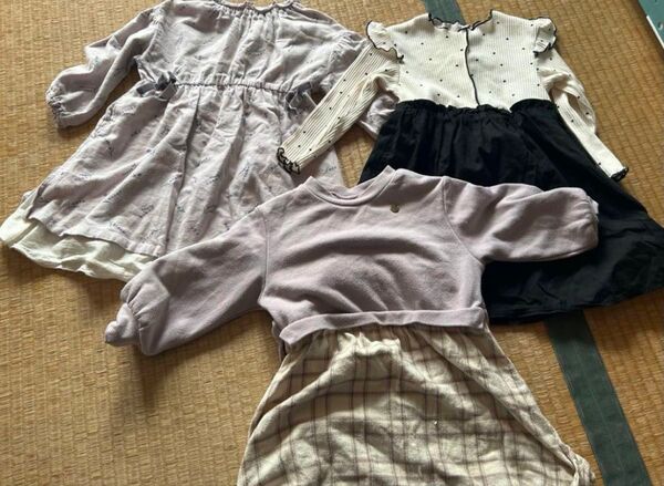 アプレレクール apres les cours 長袖 ワンピース 90リボン紫 パープル ラベンダー 花柄ドット 水玉