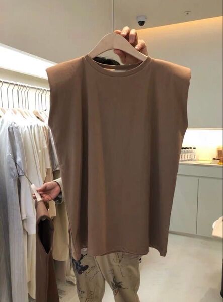 ブラウン 茶色 Tシャツ Lフレンチスリーブノースリーブ シンプル レディース
