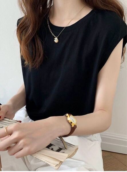 黒Tシャツ Lフレンチスリーブノースリーブ シンプル 黒 ブラック レディース
