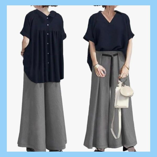 セットアップ 2way バックプリーツ ラップパンツ ワイドパンツ 体型カバー