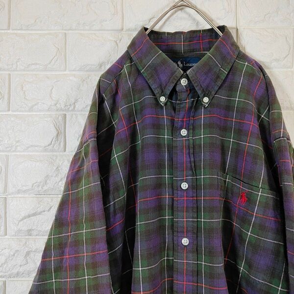 【週末限定特価】90s ラルフローレン 長袖シャツ BLAKE チェック グリーン L