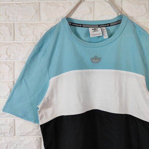 アディダス Tシャツ トレフォイル ワンポイントロゴ 三色切替 半袖 ライトブルー L