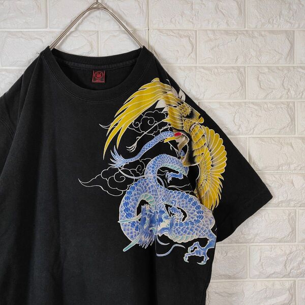 クロップドヘッズ Tシャツ 和柄プリント 鶴 龍 半袖 ブラック L