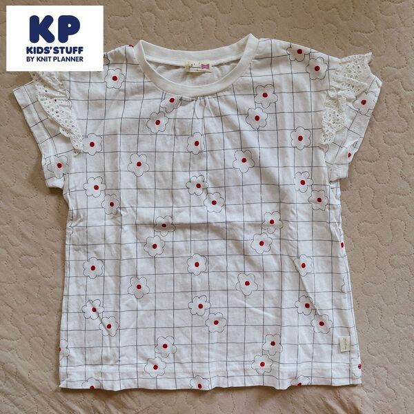 美品 KP 花柄 チェック フリル 半袖Tシャツ 120cm