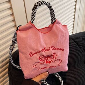 4. ベージュ 韓国スタイル 刺繍 リボン サコッシュ ピンク 2way