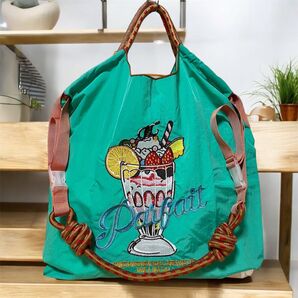 オレンジストラップセット パフェ柄 刺繍バッグ エコバッグ グリーン Msize