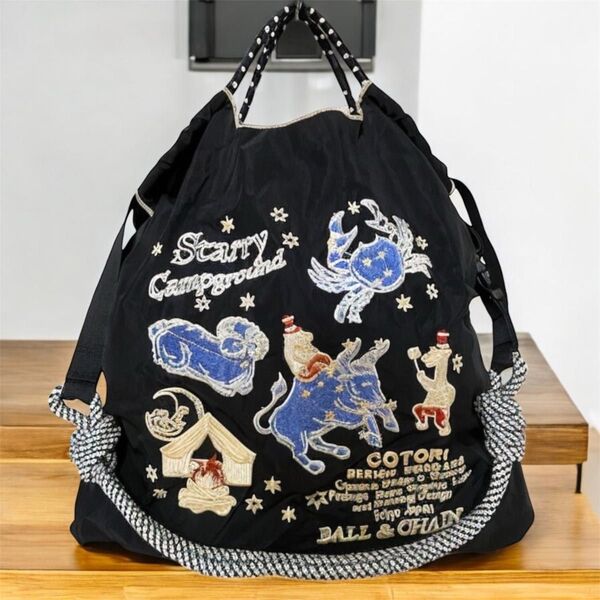 ストラップ付き 星座柄 刺繍バッグ エコバッグ ショルダーバッグ ブラック Msize