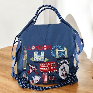青ストラップ付き ロンドン 刺繍 エコバッグ ブルー M Chacott柄