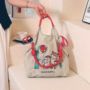 ピンクストラップ付き ベア&ウサギ 刺繍 エコバッグ ライトグレー Msize