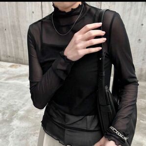 フィットメッシュ フリル ネック シアートップス シースルー 長袖トップス Lsize