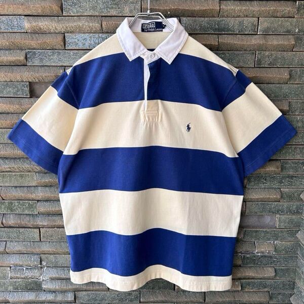 美品 90s Polo by Ralph Lauren ポロバイラルフローレン 刺繍ロゴ ボーダー ラガーシャツ ポロシャツ