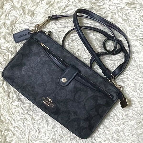 【極美品】COACH コーチ ショルダーウォレットバッグ レザー PVC グレー シグネチャー クロスボディ 斜め掛け 財布