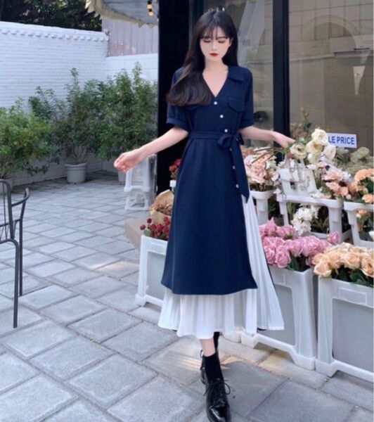 K 大きいサイズ ワンピース チュニック 3Lゴスロリ 紺 トップス110 ネイビー ロング