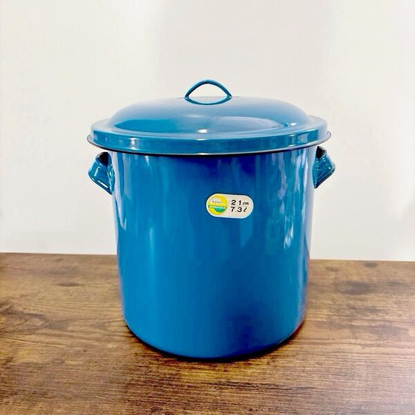 【新品】昭和レトロ 青色 ホーロー容器 7.3L 深さ21cm 琺瑯 保存容器 希少品 レトロ 琺瑯 蓋付 昭和レトロ