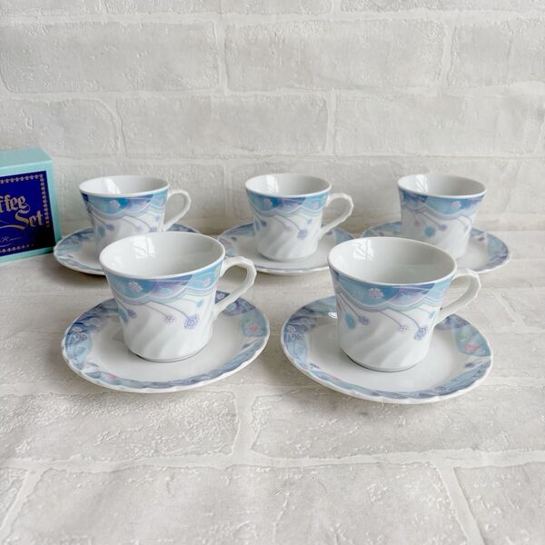 【新品】コーヒーカップ&ソーサー 5客セット 花柄 ブルー系 ケイナンチャイナ 日本製