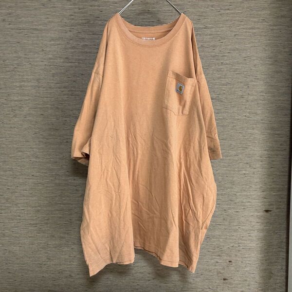 カーハート 半袖Tシャツ 胸ポケット 茶色オレンジ ワンポイント@2 古着 入手困難 激レア 希少 人気 ビッグサイズ ゆるだぼ