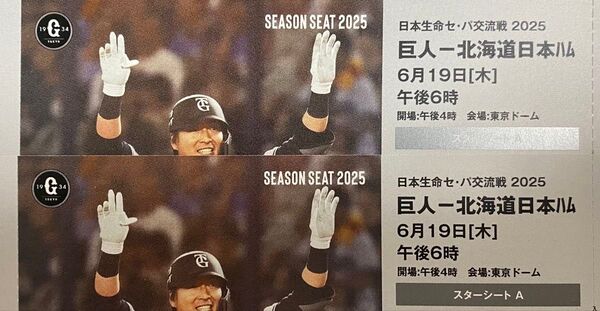 6/19 巨人 読売ジャイアンツvs北海道日本ハムファイターズ シーズンシート チケット 2枚ペア
