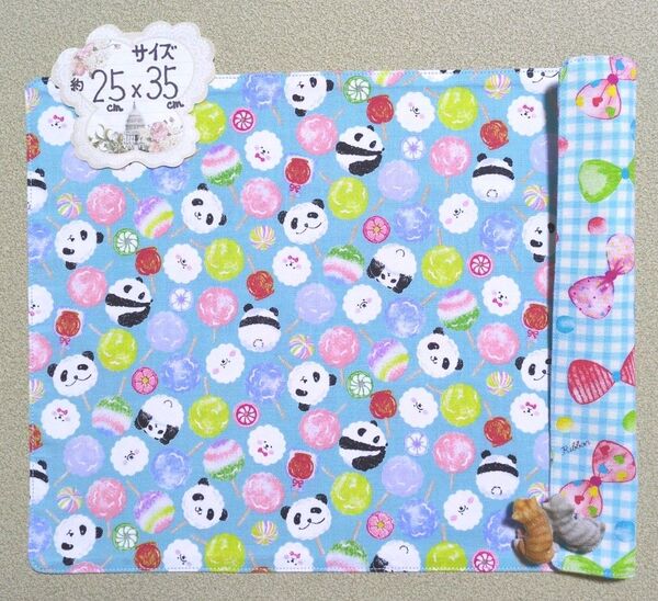 927:わたあめパンダちゃん柄♪リバーシブルランチョンマット☆ハンドメイド☆リボン☆チェック☆