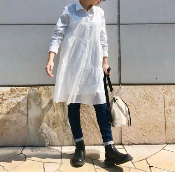 ユニクロ【UNIQLO】 コットンティアードミニワンピース(7分袖) ブラックS シャツワンピース チュニック ホワイト