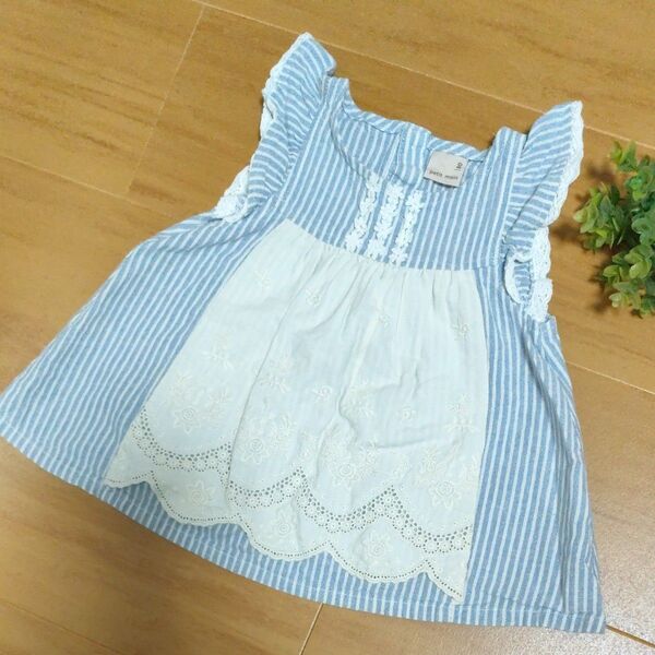 petit main ベビー服 トップス 80 女の子 ストライプ レース