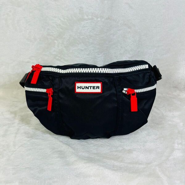 美品 HUNTER ハンター 軽量 ボディバッグ アウターポケット多 ウエストバッグ スポーツ ブラック