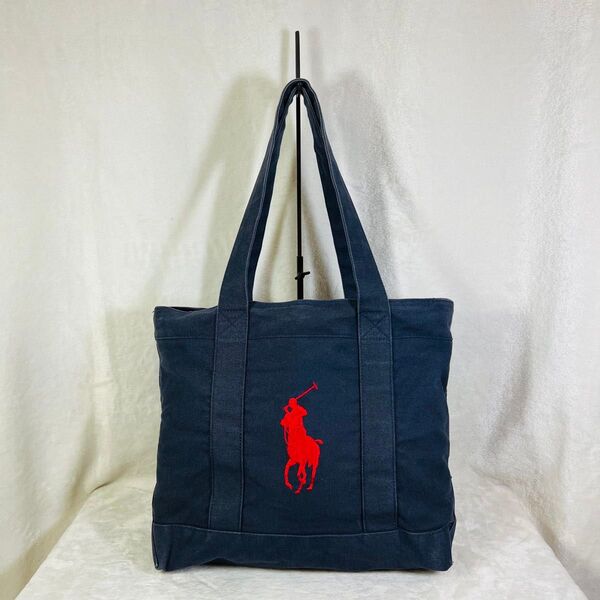 美品 Polo Ralph Lauren ポロ ビッグポニー トートバッグ ラルフローレン キャンバス ネイビー 鞄