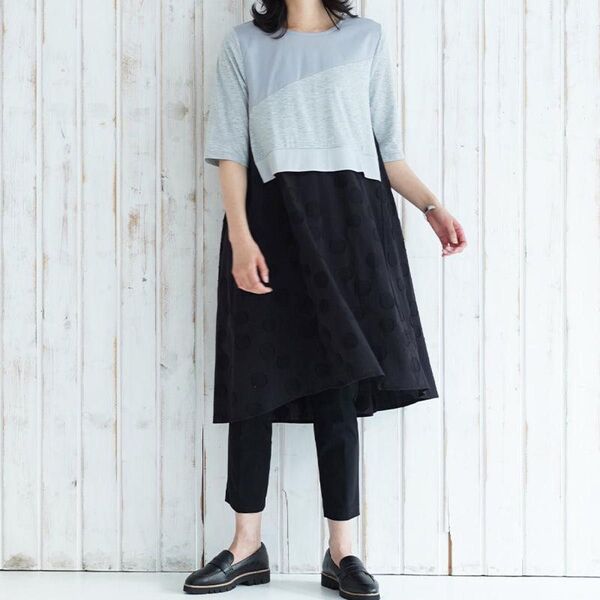 koibitomisaki コイビトミサキ 異素材 ドッキング ワンピース 半袖 ブラック 水玉 ドット モード ビッグシルエット