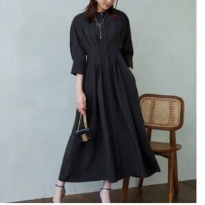 RUIRUE BOUTIQUE ルイルエブティック タック バンドカラー ロング シャツ ワンピース オフィス 上品