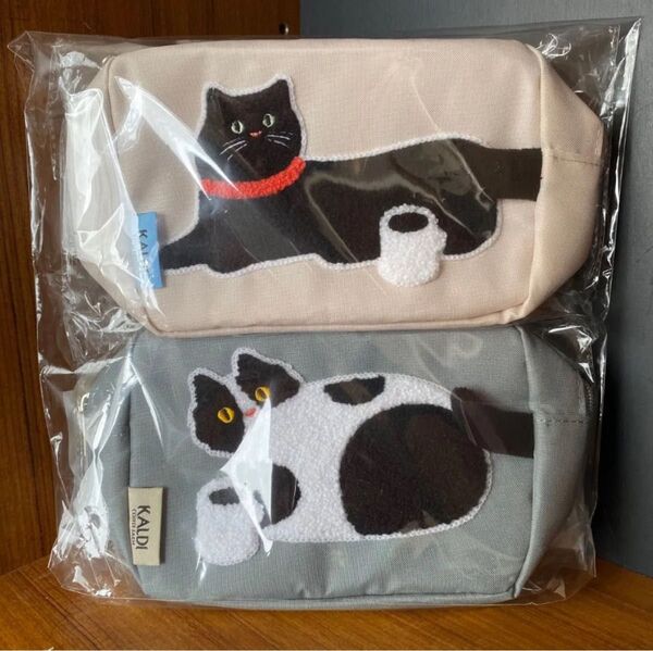 新品未使用 カルディ KALDI ニャンコーヒー ベージュ くろねこ はちわれ ポーチ もこもこ刺繍ポーチ ペンケース グレー