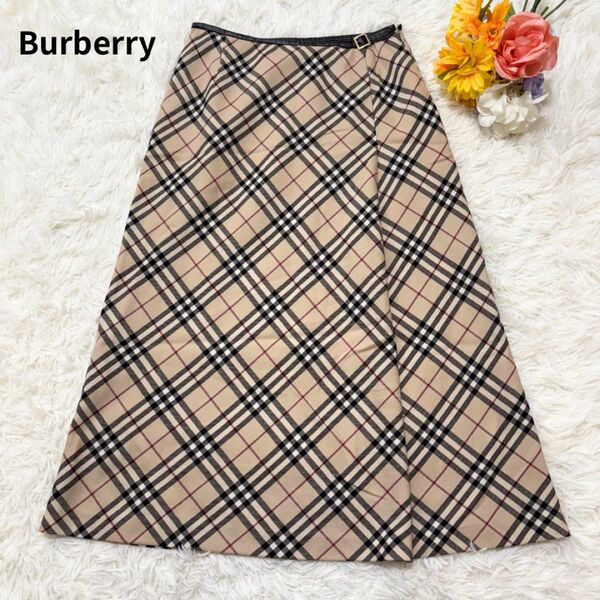 正規品 美品 Burberry バーバリーロンドン ロングスカート ノバチェック 総柄 サイズ40 ベルトデザイン LONDON