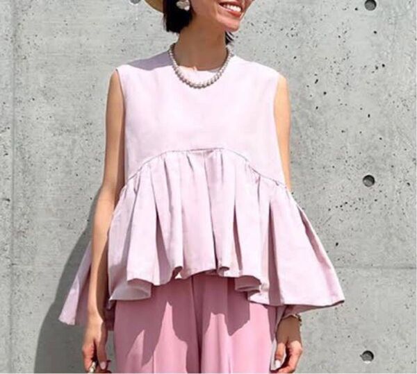 bow.a ボウエー マーガレットチュニック ピンク フリル ノースリーブ 春夏 日本製 ブラウス 丸首 ペプラム イージーケア