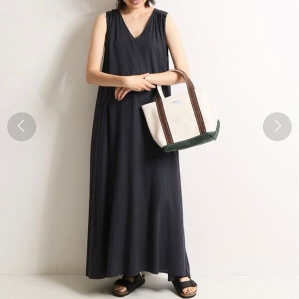 スローブイエナ Vネックフレアロングワンピース 手洗い可能 春夏 麻混 リネン マキシ丈 ロング丈 黒 スミクロ ノースリーブ