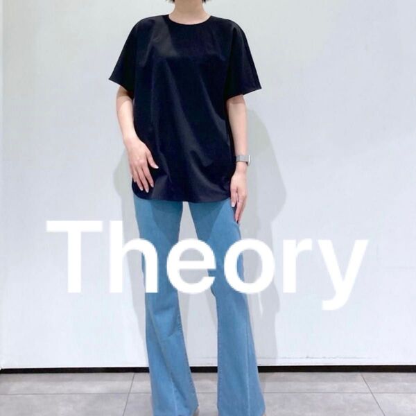 セオリー theory 黒 ブラック 麻混 リネン 半袖ブラウス 春夏 ゆったりサイズ 丸首 レディース 洗える Tシャツライク