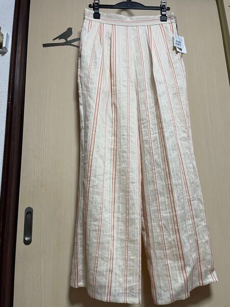 Ample リネン素材 ストライプ ワイドパンツ 薄手涼しげサラサラ 麻混 新品 ヤマダヤ メドック
