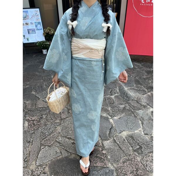 レトロ花柄浴衣セット グリーン 新品◆兵児帯 和服 モダン 古典