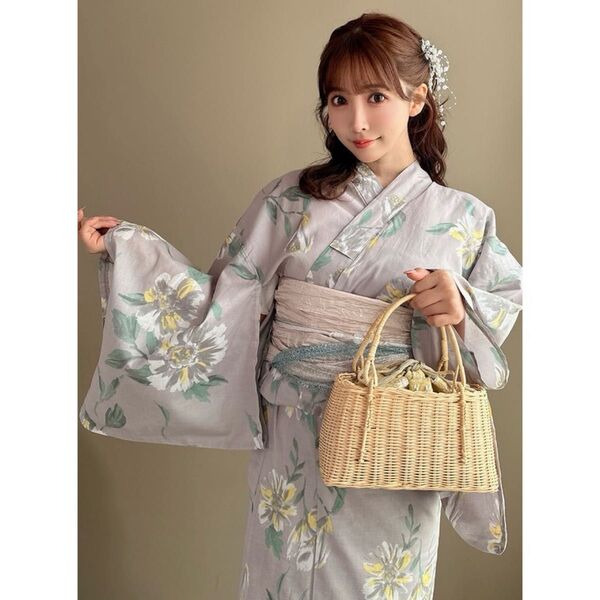 白花柄浴衣セット グレー 新品◆レディース ゆかた 兵児帯 水彩花柄 ラベンダー