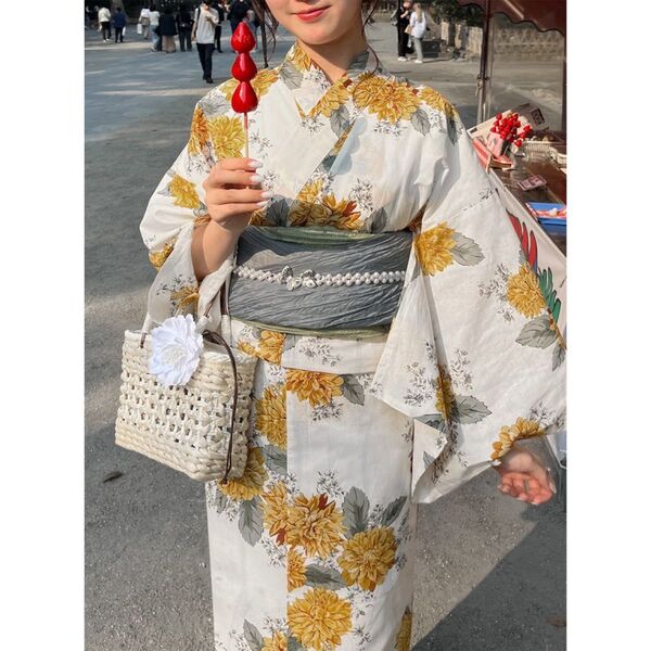 イエローダリア浴衣 帯セット◆黄色 花柄 白地 グリーン 夏 作り帯 華やか 綿
