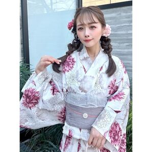 大人シックなピンクダリア浴衣・帯セット◆綿100%の洗える浴衣◆白地 作り帯