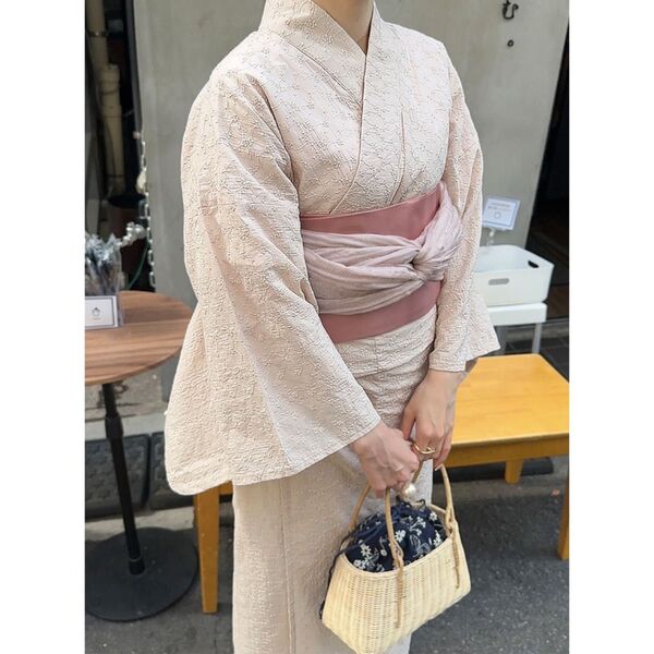 【新品】花柄刺繍浴衣 帯セット ベージュ◆レディース 浴衣 兵児帯 2点 和装 着物 夏