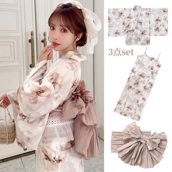 【新品】淡色セパレート浴衣セット◆ワンピース 作り帯 浴衣◆大人フェミニン 花柄