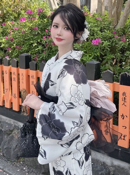 甘辛MIX◆花柄モノトーン浴衣・兵児帯セット◆モダン ピンク 大人可愛い シック