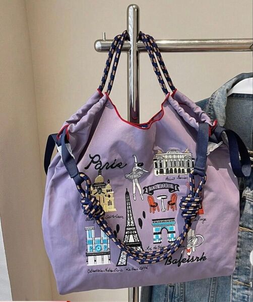 2way ショルダーベルトつき 刺繍バッグ 可愛い パリ パリス トートバッグ 斜めがけ ショルダーバッグ エコバッグ