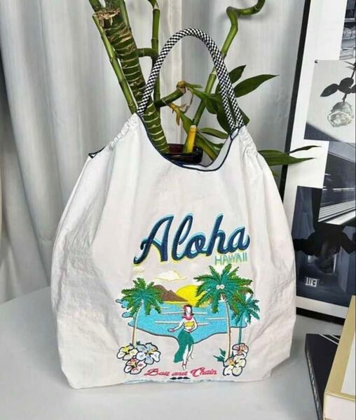 エコバッグ トートバッグ 刺繍 ホワイト 軽量 軽い 大容量 Mサイズ 買い物 レディース 刺繍バッグ かばん 手提げ