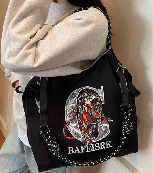 ショルダー紐つき ストラップつき 2way トートバッグ ショルダーバッグ エコバッグ 刺繍バッグ 大容量 A4 鞄 ブラック